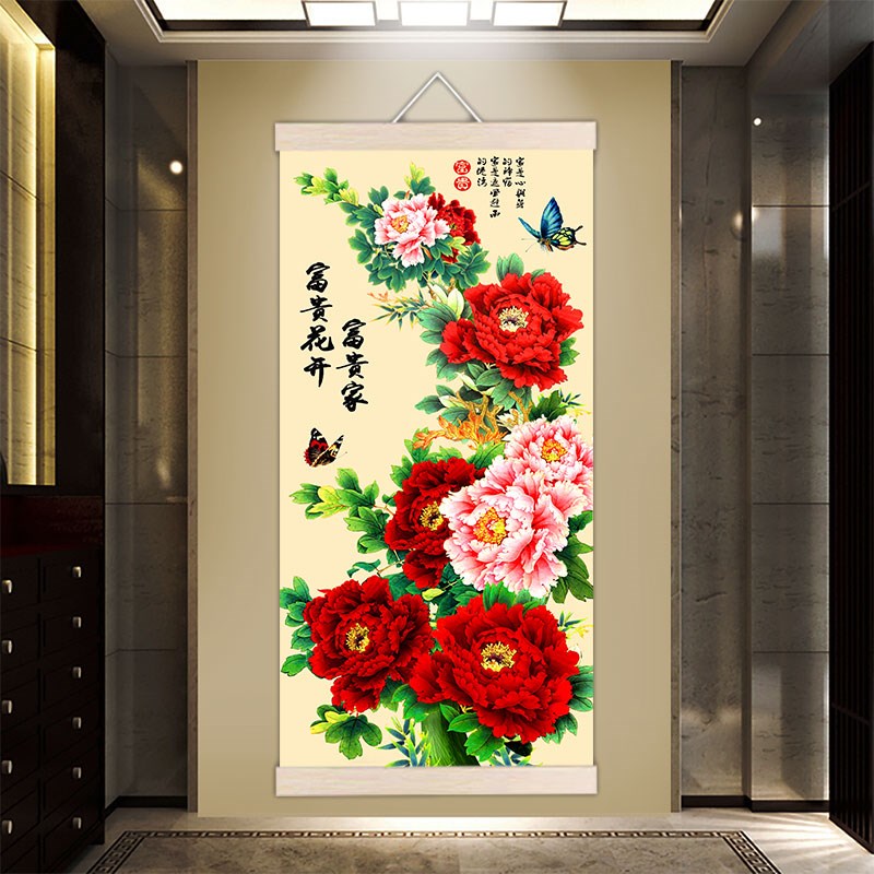 新中式客厅玄关装饰画牡丹花挂画现代简约大气挂S画花开富贵可定图片
