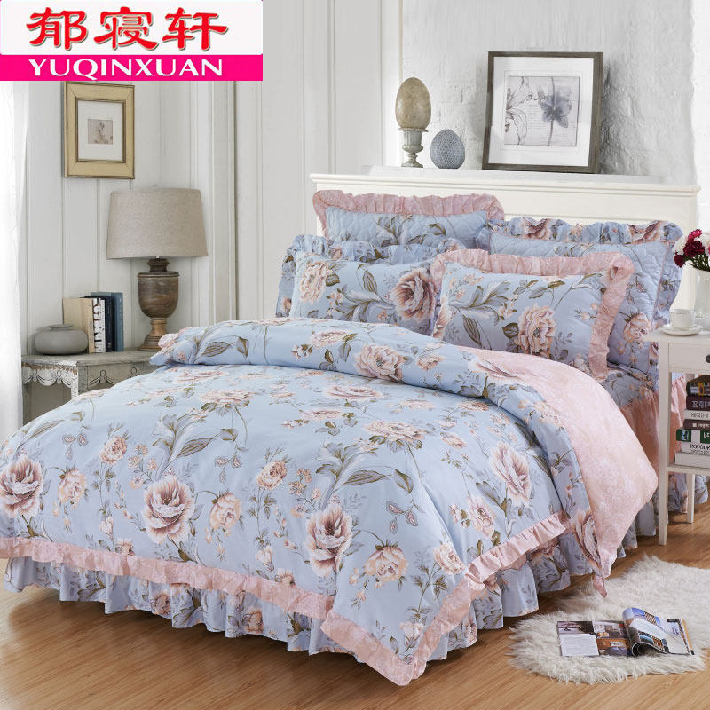 全棉床罩四件套纯棉床裙式韩版小碎花C边双人被套1.8m床套夹棉加
