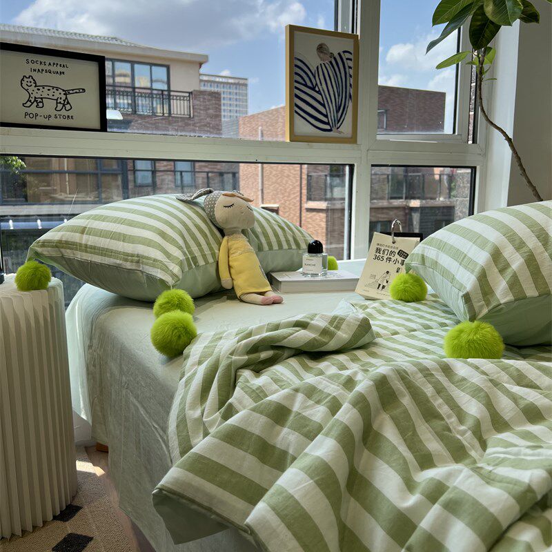 ins绿色条纹单双人毛球球水洗棉夏凉被四件套薄被子空调被可水洗