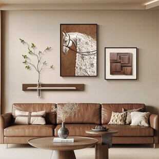 中古风客厅装饰画组合马到成功沙发背景墙挂画Q高级感餐厅壁画新