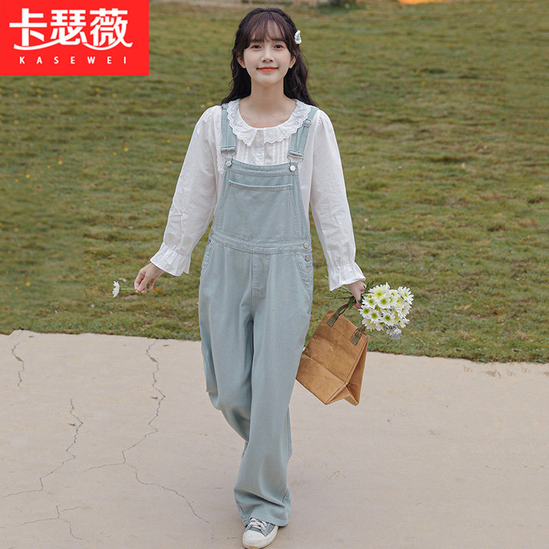 2025新款春装小清新宽s松减龄洗水背带长裤女初高中学生少女背带