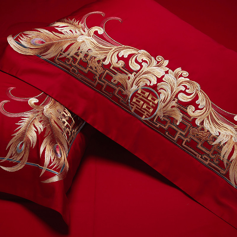 婚庆龙凤绣花g全棉结婚四件套新中式奢华陪嫁红色喜被床上用品,床上用品,婚庆床品套件,淘宝优惠券,粉丝福利购,淘宝优惠卷