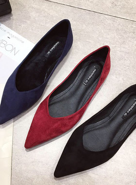 2020春季新款红色单r鞋女尖头浅口平底鞋网红百搭平跟黑色工作鞋