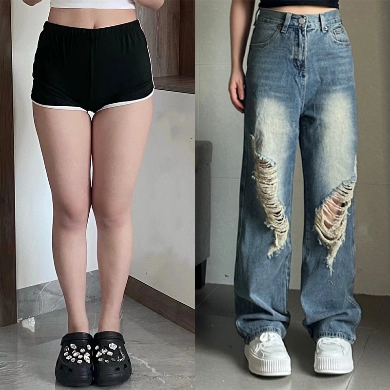 300斤特大码复古破洞高腰牛仔裤女300斤胖mm夏R薄款显瘦宽松阔腿