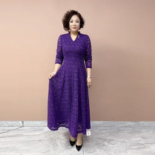 大摆裙 蕾丝连衣裙女秋冬季 新款 妈妈长袖 v领F收腰显瘦气质过膝长款