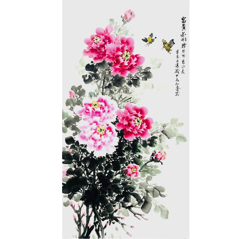 新中式客厅影壁墙画电表箱装饰画花开富贵手绘牡T丹图玄关国画挂图片