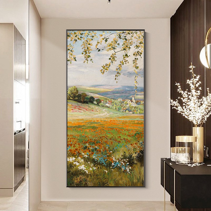 手绘油画美式入户玄关装饰画轻奢走廊H过道挂画田园风景别墅客厅图片