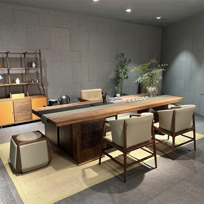 新中式轻奢现代黑胡桃木茶桌高级感大板H茶室实木客厅办公室泡茶