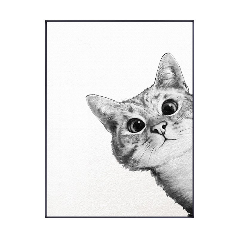 北欧简约客厅装饰画卡通s有趣猫咪动物挂画卧室可爱个性壁画黑白图片
