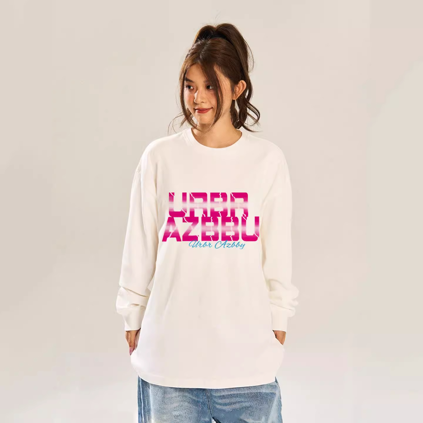 URBR AZBBU官方正品秋季印花设计潮牌宽松长袖打底纯棉T恤