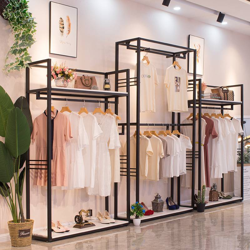 服装店展示架落地式双层挂衣架铁艺实木男女装展示柜衣服陈列货架