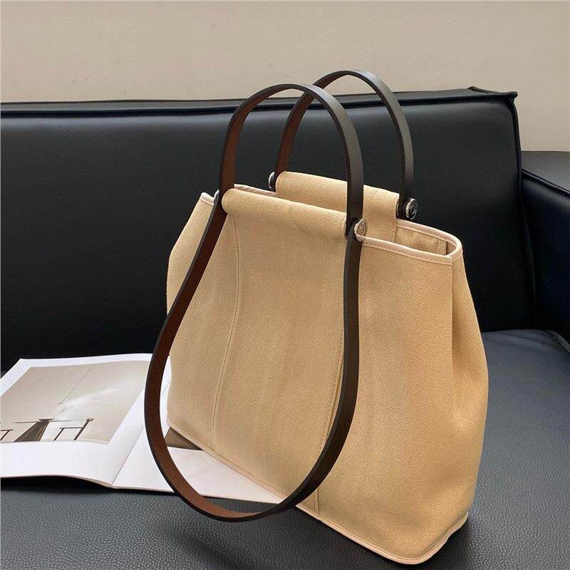 中古马术包藏青刻印通勤帆布大容量托特包牛皮肩带单肩手提包女包