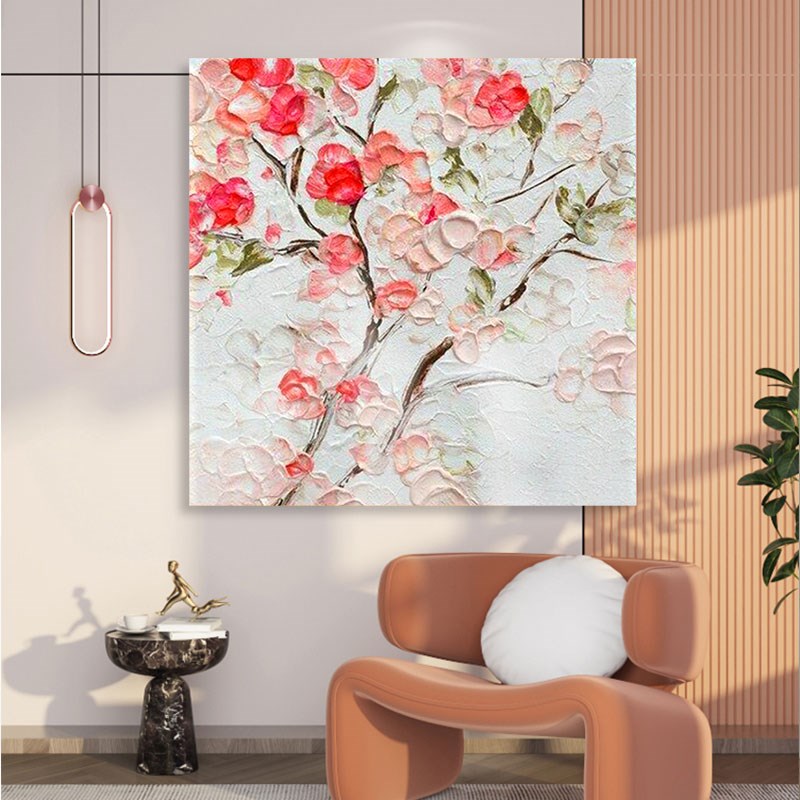 手绘油画村花开富贵纯手r绘客厅花卉装饰画玄关奶油风丙烯肌理挂图片