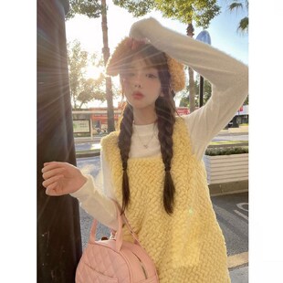 大码胖mm多巴胺甜美针织打底衫毛绒背心连衣裙女秋冬背带裙两件套