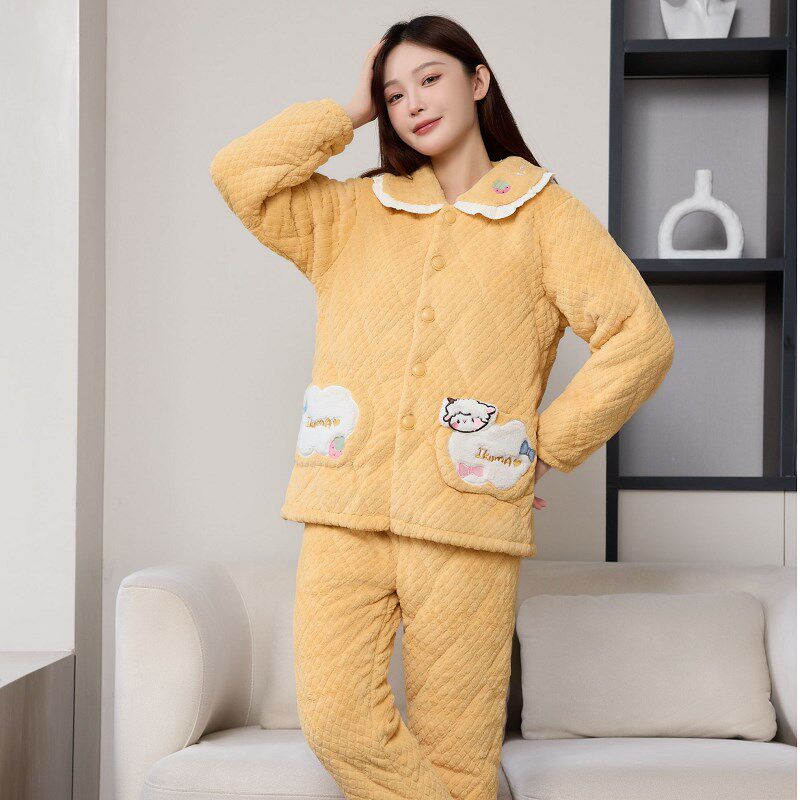 新款睡衣a女士款冬季家居服牛奶绒加厚加绒三层夹棉袄保暖甜美套