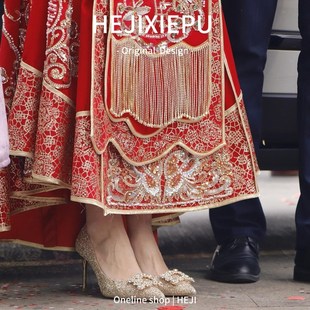 女细跟浅口尖头禾秀婚纱两穿鞋 水钻方扣亮片高跟鞋 女2025新款 婚鞋