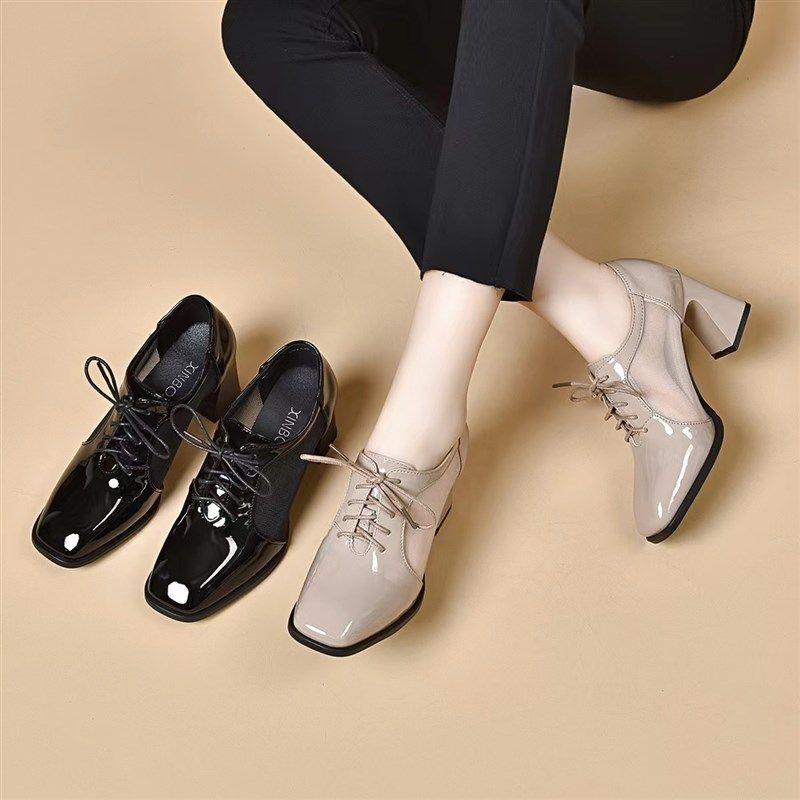 2024新款粗跟真皮网纱女鞋漆皮舒适深口时尚女鞋软底软面女式单鞋,女鞋,深口单鞋,淘宝优惠券,粉丝福利购,淘宝优惠卷