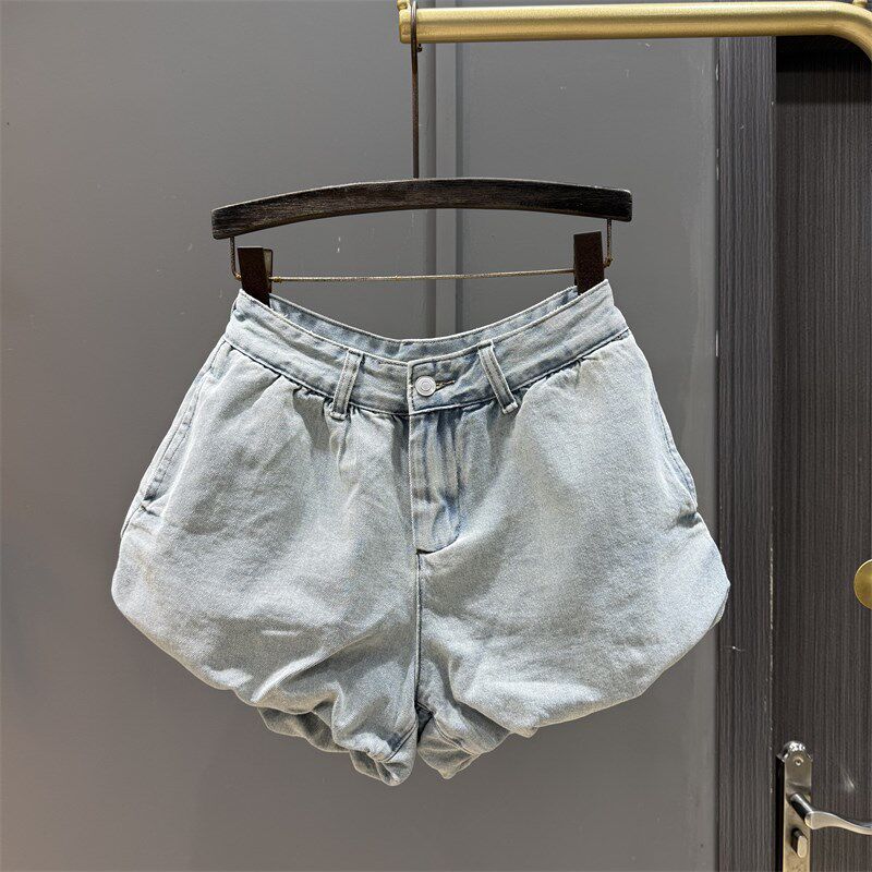 韩版浅蓝色高腰褶皱花苞短裤女夏季新款宽松百搭辣妹牛仔阔腿热裤