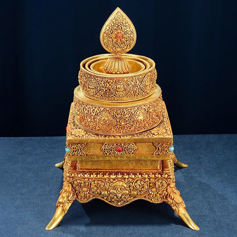 仿尼泊尔全鎏金曼扎盘全曼茶罗八吉祥雕宝石镶嵌方曼达盘