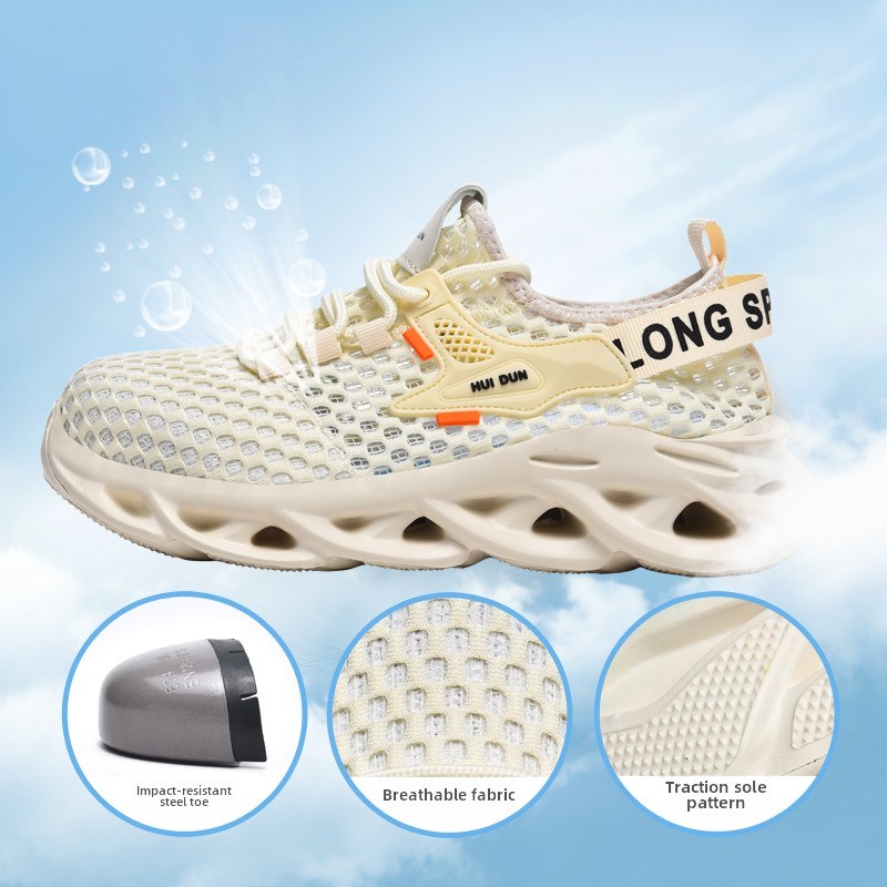 新型夏季大网孔透气男劳保鞋轻质除臭钢头男防摔防刺旧安全带钢板