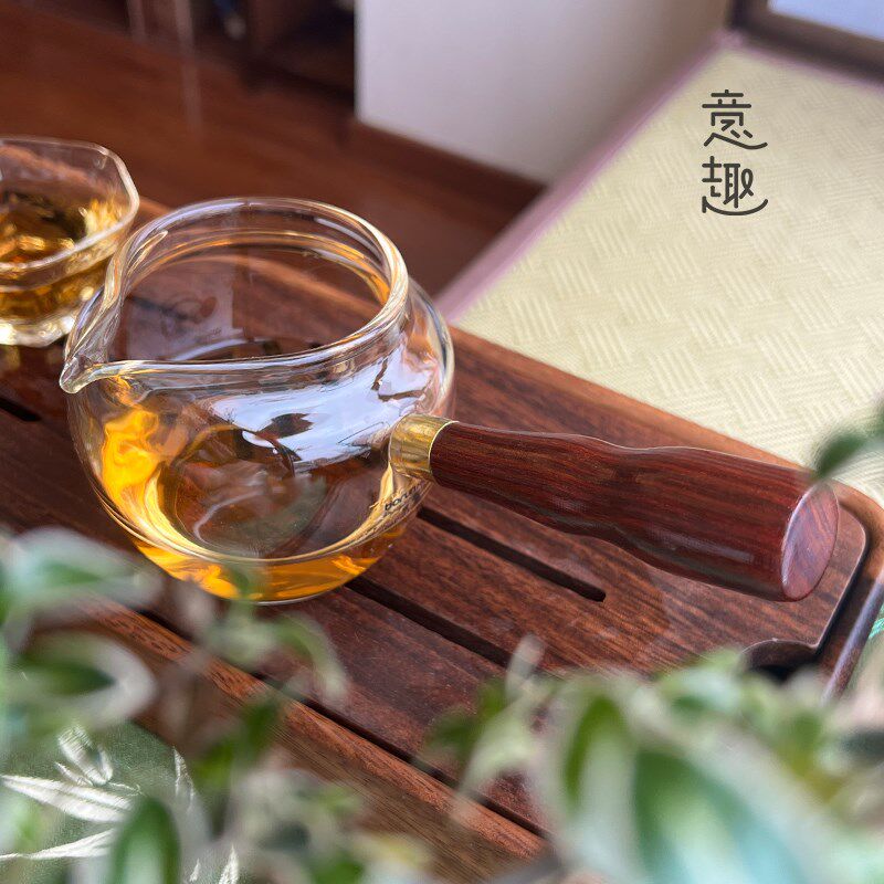 实木侧把公道杯耐热玻璃分茶器拆卸梨木把煮茶器茶壶功夫茶海