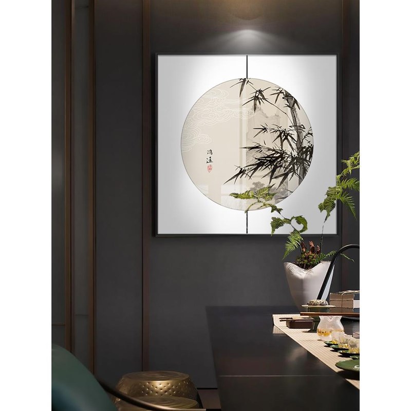 新中式方形迎客松餐厅挂画饭店包厢玄关装饰画茶室禅意山水墨壁画图片