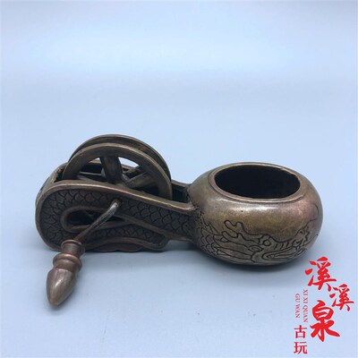 纯黄铜老古董清代双龙戏珠纹饰老墨斗老物件复古微雕古玩杂项收藏