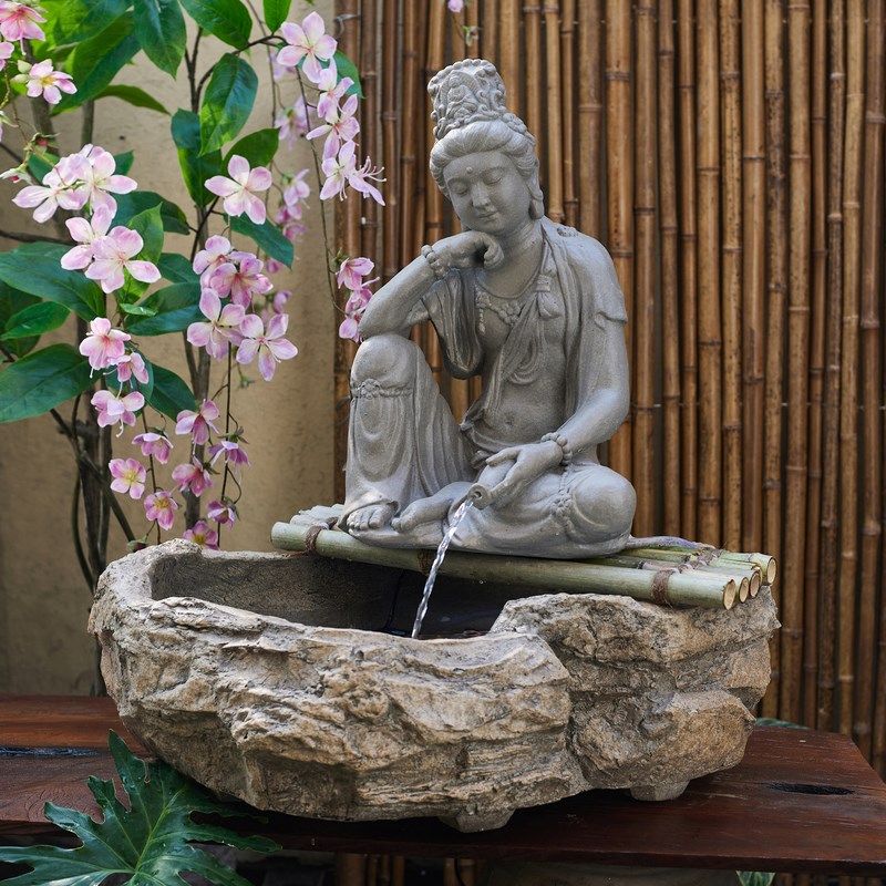 流水摆件中式庭院水月观音佛像造景布置办公室客厅玄关禅意装饰
