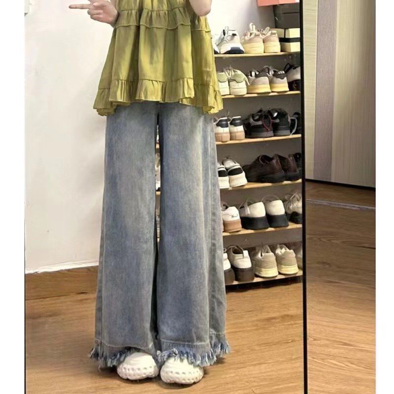 美式流苏毛边阔腿牛仔裤女装新款学生设计感高腰宽松显瘦拖地裤子