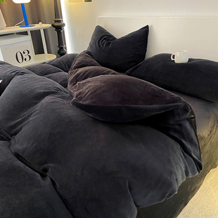 纯黑色牛奶绒水晶绒床上四件套加绒加厚床单被套双面绒被罩三件套
