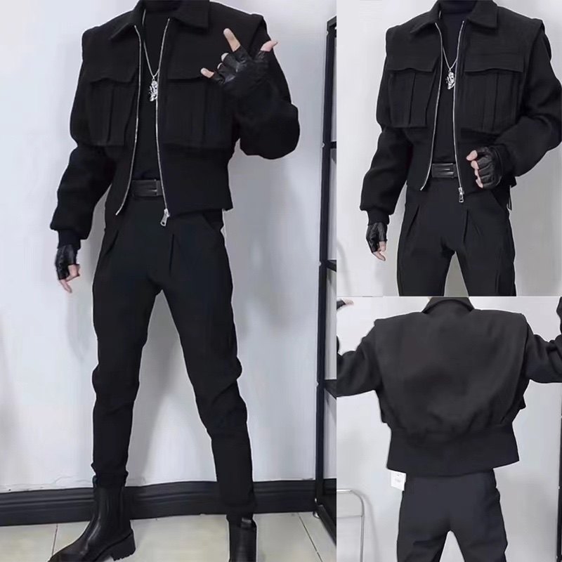 男款秋冬翻领外套2023新款男士休闲百搭夹克时尚短款小西服上衣潮