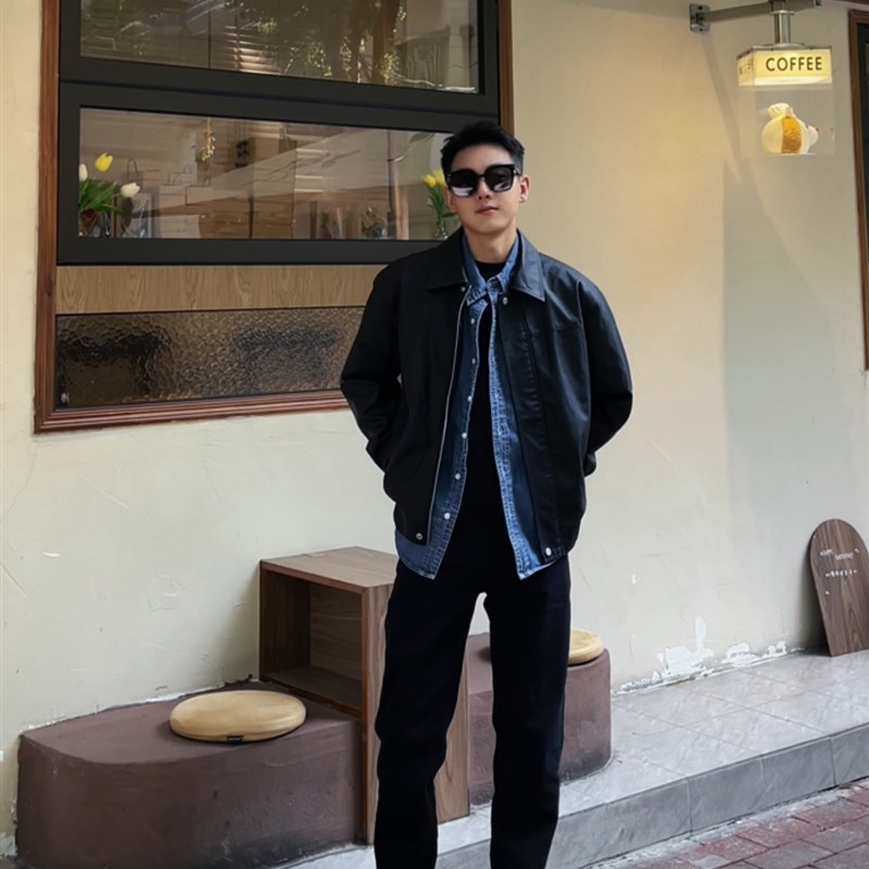 新款水洗软皮衣男阔版休闲百搭翻领外套美式复古PU机车夹克潮