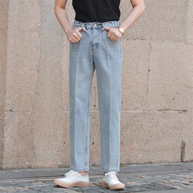休闲直筒中高腰牛仔裤男2023潮流修身韩版帅气复古水洗宽松九分裤