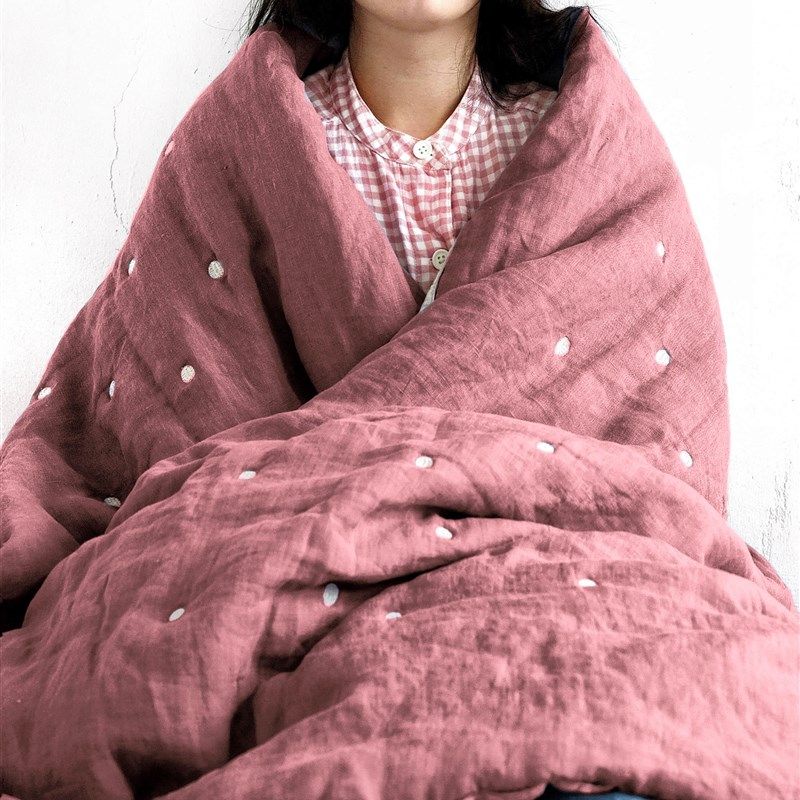 伽罗生活 拼色亚麻被 可水洗双面绣花 薄被 薄垫 薄毯子 小被子