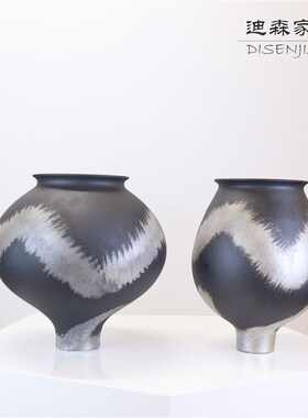 现代新中式黑色银水墨陶瓷花瓶侘寂桌面花器入户玄关软装陈设摆件