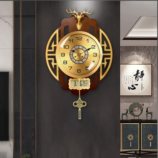 客厅家用挂钟新中式高级感实木黄铜餐厅装饰挂表电波机芯静音时钟