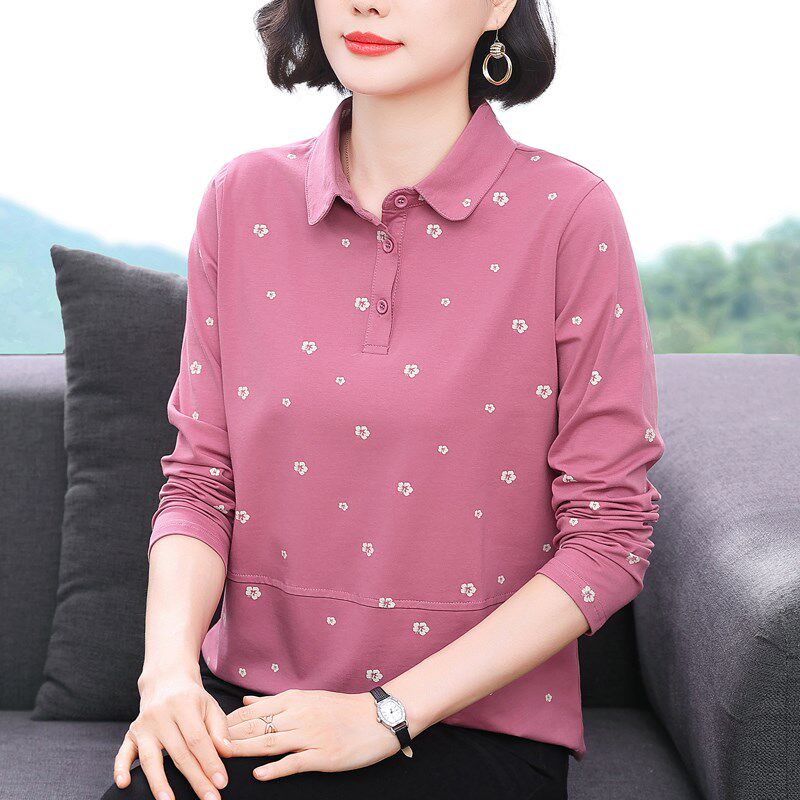 纯棉长袖t恤女翻领印花薄款秋衣中年妈妈洋气宽松上衣春秋打底衫