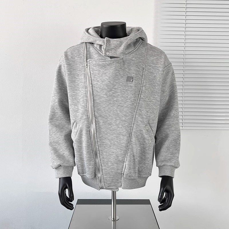 不规则双拉链灰色连帽卫衣男女春秋冬加绒加厚解构拼接外套上衣潮