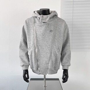 不规则双拉链灰色连帽卫衣男女春秋冬加绒加厚解构拼接外套上衣潮