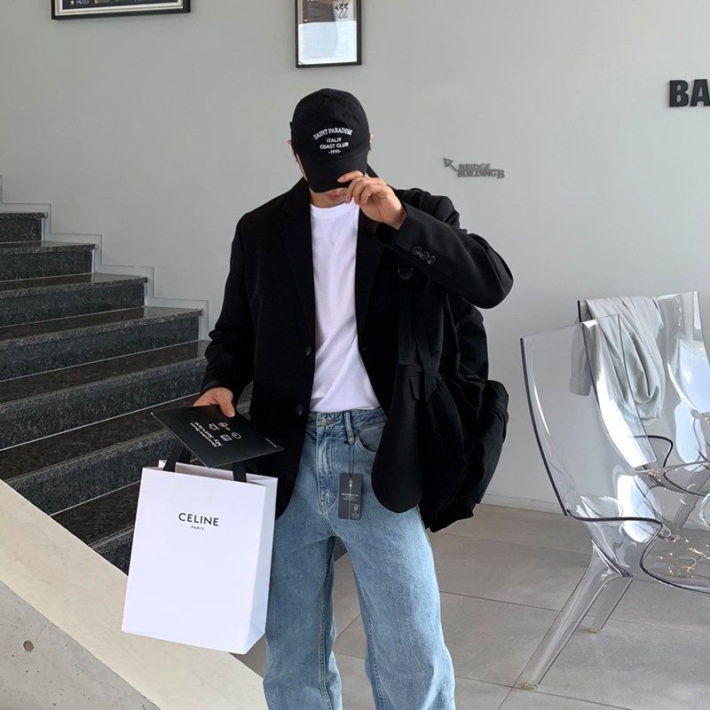 男士西服2024新款休闲韩版大码宽松垂感西装男高级感单件上衣外套