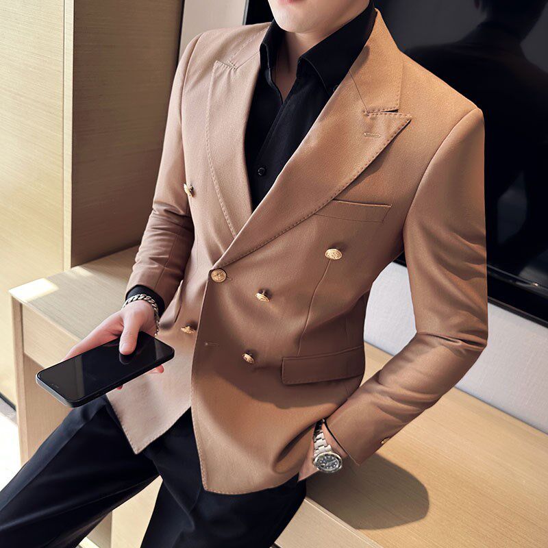 双排扣西装外套英伦修身商务男士上班西服高级感青年婚庆纯色礼服