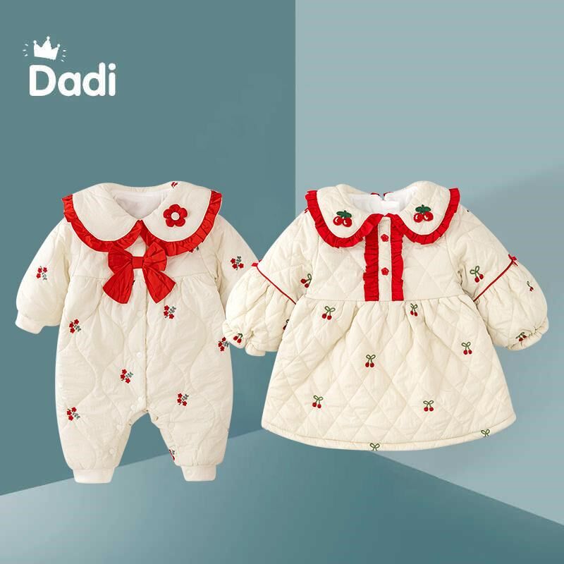 婴儿衣服秋冬加绒加厚新生儿连体爬服冬季女童裙子棉衣冬季姐妹装