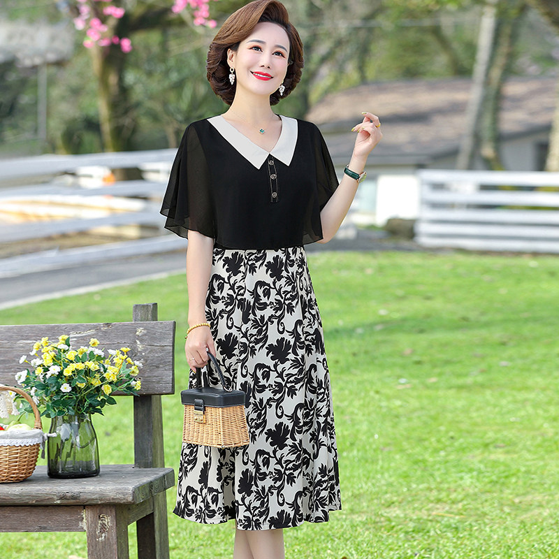 2022新款妈妈夏装连衣裙洋气40岁中年女气质长裙中老年女雪纺裙子
