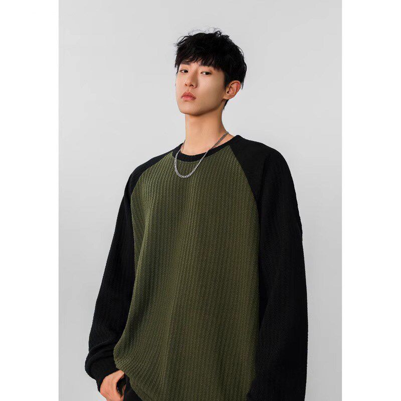 大码300斤设计感拼色长袖T恤男春季装加肥加大码潮胖人宽松打底衫