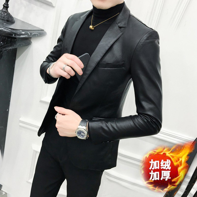 2023秋冬修身皮西服商务休闲单西加绒皮西装皮衣皮尤PU皮夹克外套