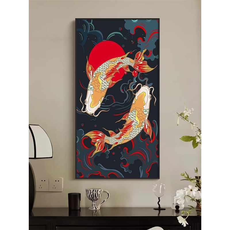 新中式年年有余客厅装饰画玄关鲤鱼挂画招财锦鲤风水图纯手绘油画