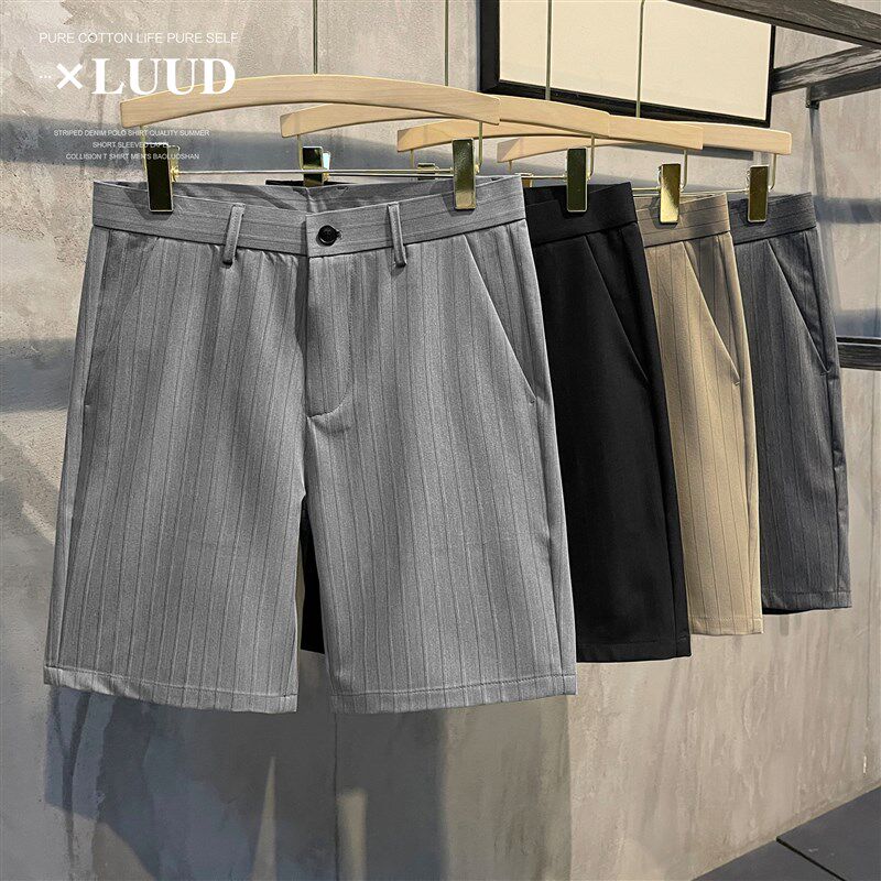LUUD 竖条纹休闲西裤夏季透气免烫复古韩版百搭直筒修身短裤男款
