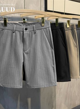 LUUD 竖条纹休闲西裤夏季透气免烫复古韩版百搭直筒修身短裤男款