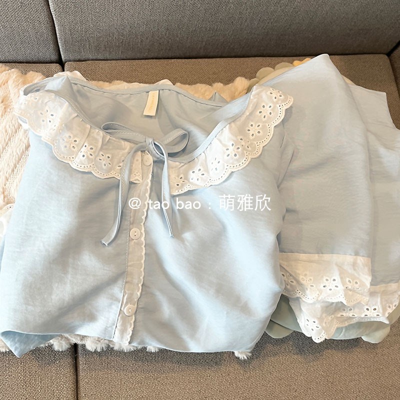 蓝色公主风睡衣女款春秋夏季长袖长裤套装少女甜美花边休闲家居服