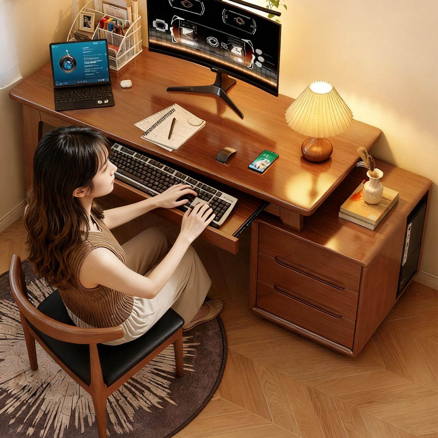 2025新款实木电脑桌台式卧室家用转角书桌l型办公桌子带书柜一体